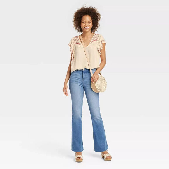 Knox Rose Embroidered Blouse S Cream Flutter Floral Ruffle Top Work Casual Drape - Picture 8 of 12